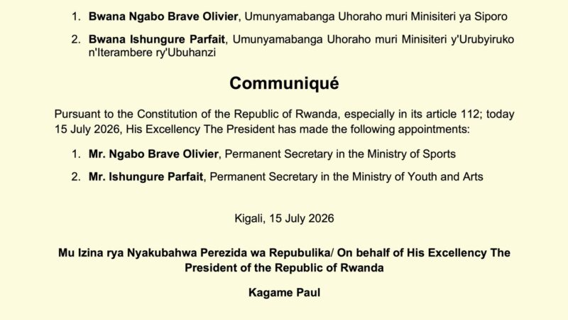Perezida Kagame yashyizeho Abanyamabanga Bahoraho bashya muri Minisiteri ya Siporo n’iy’Urubyiruko n’Iterambere ry’Ubuhanzi